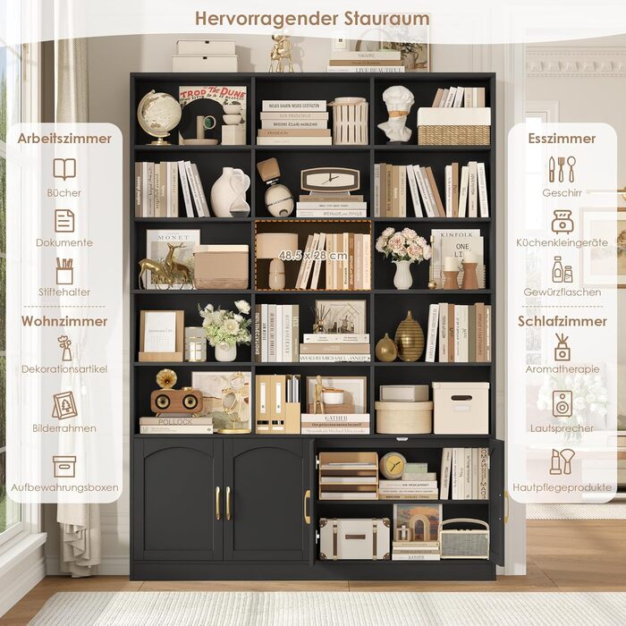 Книжкова шафа FirFurd 209 см з дверцятами, книжкова шафа з 15 відділеннями, вітрина, висока шафа, дерев&39яна багатофункціональна шафа, велика для вітальні, кабінету, кухні, 150 x 23,7 x 209 см, чорна