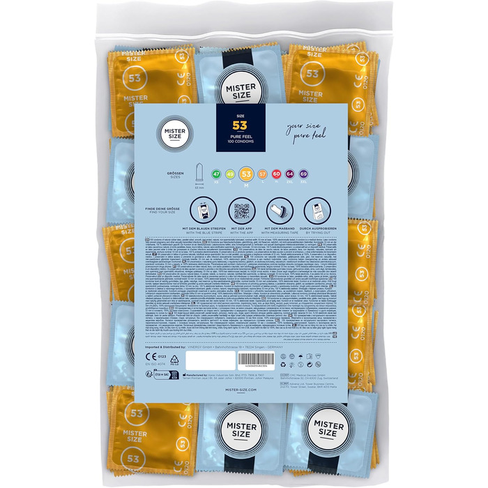 Презервативи MISTER SIZE, ультратонкі, 53 мм, упаковка 100 шт./надзвичайно тонкі, надзвичайно тонкі, змащені/виготовлені зі 100 натурального каучукового латексу вашого розміру M/природне відчуття, упаковка 100 шт.