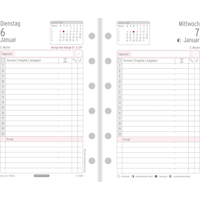 Вкладиш-календар Chronoplan 50606 2026 (міні-щоденник (79x125 мм), змінний календар для планувальників зустрічей, щоденник, ідеально підходить для детального щоденного планування, 1 день на сторінці, з універсальним перфоратором) білий