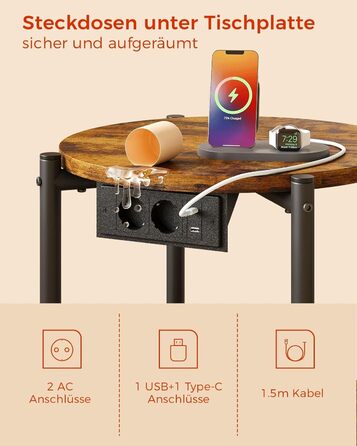 Круглий тумбовий набір з 2 шт. , бічний столик з розеткою, порт USB-C, маленький столик з дерева та металу, журнальний столик для дивана, стіл для вітальні, 2 полиці для спальні (вінтажний коричневий, 2 шт.)