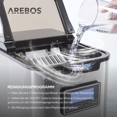 Машина для виробництва кубиків льоду Arebos Льодогенератор 12 кг / 24 год Час виготовлення 10-15 хвилин 3 розміри кубиків льоду Резервуар для води 2,2 л Льодогенератор Таймер і РК-дисплей Функція самоочищення