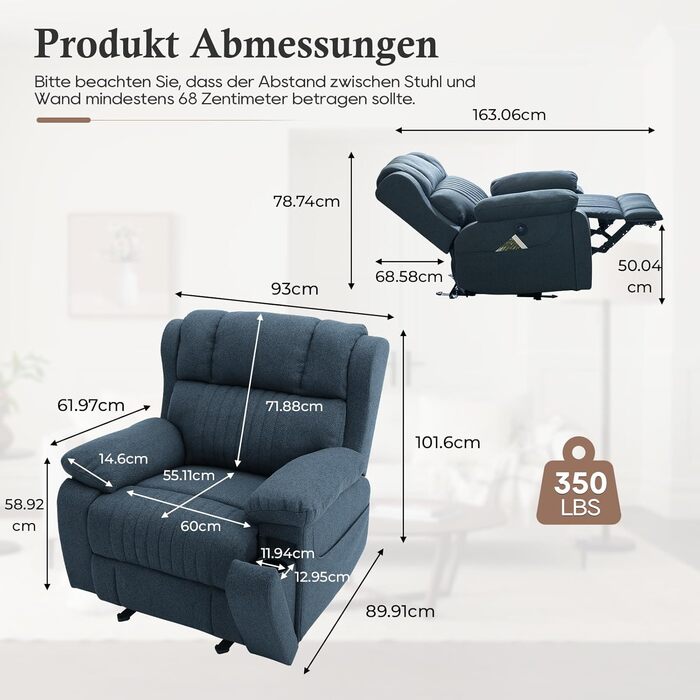 Електрично регульоване крісло для телевізора, крісло-реклайнер з функцією лежання, крісло для телевізора з функцією масажу та підігріву, приховані підстаканники, порти типу C та USB, до 160 кг (синій)