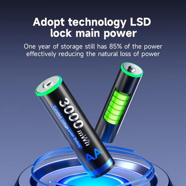 Акумуляторні літій-іонні батареї CITYORK AA, 4 акумуляторні батареї 1,5 В AA ємністю 3000 мВтгод, з 4-слотовим РК-дисплеєм Smart Charger, зарядний пристрій Micro USB, функція швидкої зарядки для автомобіля