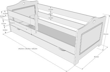 Дитяче ліжко Kids Collective 80x160 80x180 90x200 см з матрацом, поручнями, шухлядою та рейковою основою білого кольору Ліжко для дівчинки 160 x 80 &quotСкандинавське серце&quot 80 x 160 см білого кольору