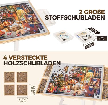 Стіл-пазл на 1500 елементів, стіл-пазл з 6 шухлядами та однією основою, дошка-пазл з регулюванням висоти та 4-рівневим регулюванням нахилу, стіл-пазл з кришкою та 4 колесами, 89 x 68 см