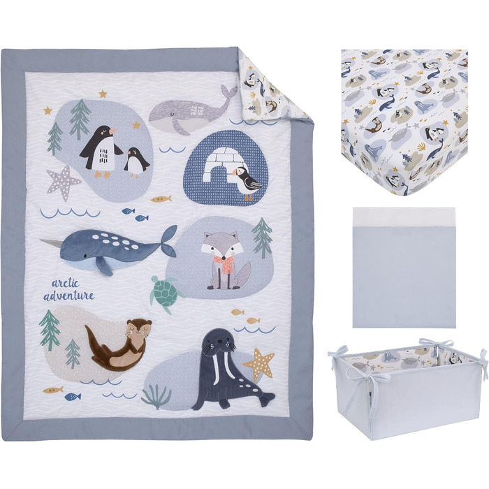 Комплект постільної білизни NoJo Arctic Adventure з 4 предметів дитяче ліжечко, підковдра, підодіяльник, 100 бавовна, сірий і темн
