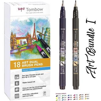 Ручка Tombow 18 Fiber Pen (основні кольори) Ручка з двома наконечниками ручка Fudenosuke Brush жорстка м'яка Акварельні, на водній основі, нетоксичні, без кислот і запаху