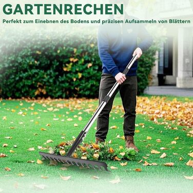 Гартований садовий грабель з ручкою, металевий грабель з 14 зубцями для розпушування ґрунту та вирівнювання газону, садовий інструмент, міцний грабель для листя з нержавіючою ручкою