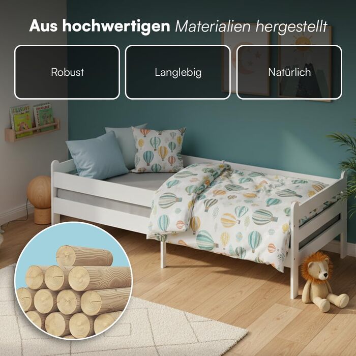 Дитяче ліжко Bellabino Kuru 90x200 см Дитяче ліжко із захистом від падіння та рейковою основою Дитяче ліжко з місцем для зберігання Дитяче ліжко з дерева Односпальне ліжко для хлопчиків та дівчаток для дитячих кімнат білого кольору без шухляд, матрац не в