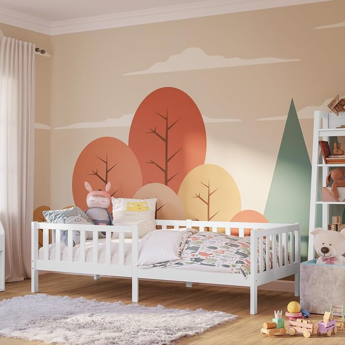 Дитяче ліжко Bellabino Vere 90x200 см Ліжко Монтессорі із захистом від падіння та рейковою основою Дитяче ліжко з масиву сосни для хлопчиків та дівчаток Ліжко для малюків білого кольору 90x200 см без шухляд та матраца