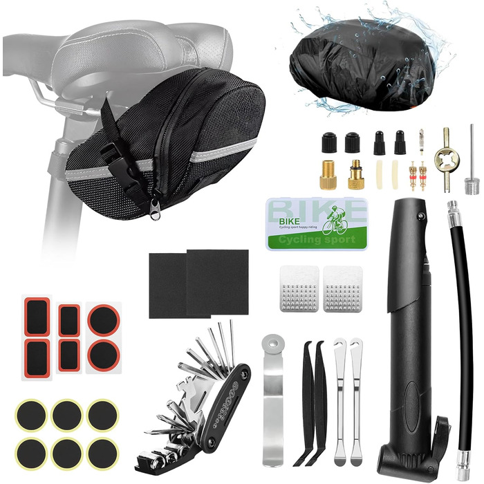 Набір велосипедних інструментів, мультиінструмент 16-в-1 з водонепроникною кришкою, міні-насос, 12 гумових накладок з клейким покриттям, практичне місце для зберігання