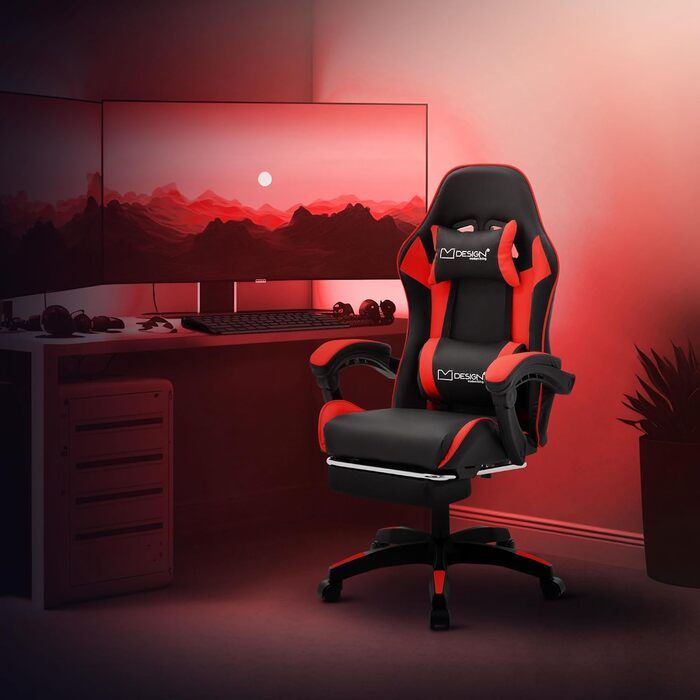 Ігрове крісло ML-Design з підставкою для ніг, червоне, штучна шкіра, ергономічне офісне крісло з підлокітниками, підголівником, поперековою опорою, регульоване поворотне крісло, гоночне ігрове крісло, стілець для офісу, поворотне крісло
