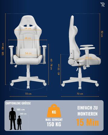 Ергономічне ігрове крісло Felix Original з регульованою спинкою, 2D підлокітниками, подушками для попереку та шиї, високою спинкою, штучною шкірою, міцною сталевою рамою, для високих людей, біло-сірим