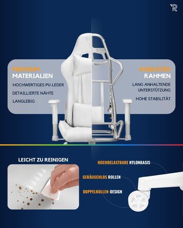 Ергономічне ігрове крісло Felix Original з регульованою спинкою, 2D підлокітниками, подушками для попереку та шиї, високою спинкою, штучною шкірою, міцною сталевою рамою, для високих людей, біло-сірим