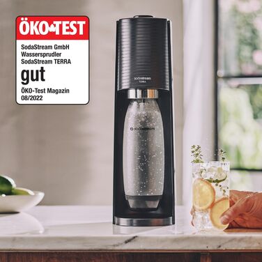 Виробник газованої води SodaStream TERRA Promopack з балоном CO2 та пластиковою пляшкою, яку можна мити в посудомийній машині, чорний, висота 44см