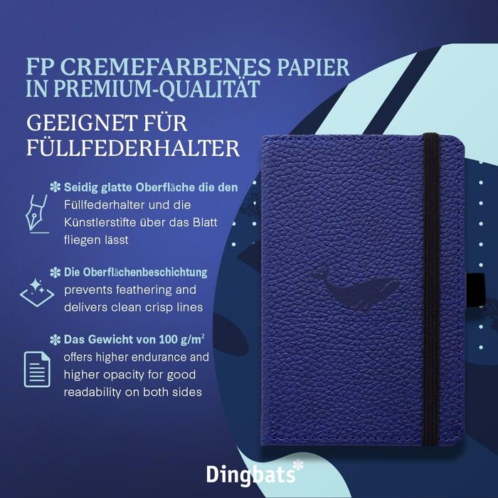 Кишеньковий блокнот дикої природи, A6 - Блокнот у твердій палітурці - Штучна шкіра - перфорований, кремовий 100 г/м, захищений від чорнила папір (з підкладкою, синій кит)