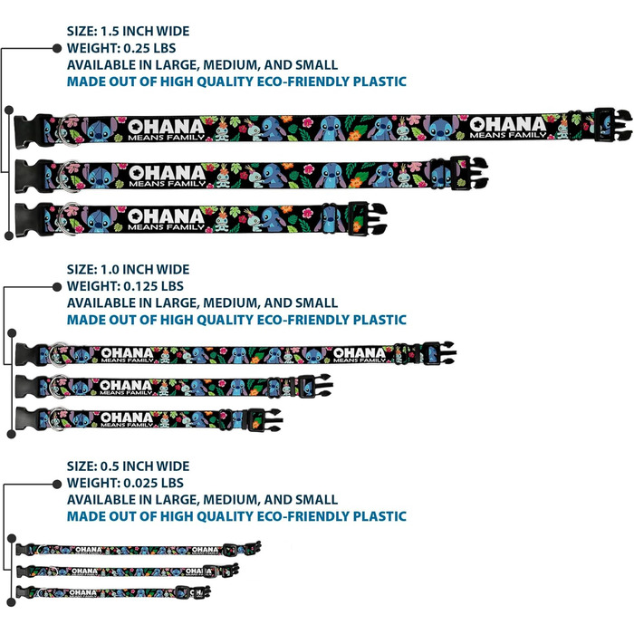 Нашийник Buckle-Down з пластиковою застібкою Охана означає сім'ю / Stitch & Scrump / Тропічні квіти - Чорно-білий / Багатоколірний - Ширина 2,5 см - Для обхвату шиї 38-66 см - Розмір L