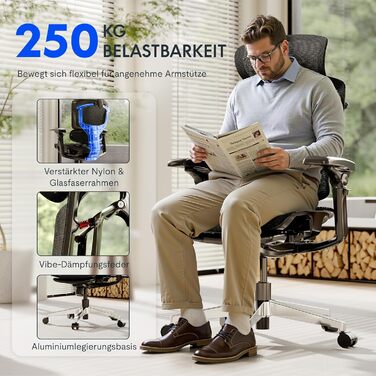 Ергономічне офісне крісло FLEXISPOT ErgoX Pro, регулювання висоти в 12 напрямках, підлокітники 7D, поперекова підтримка 5D, підголівник 4D, вантажопідйомність 250 кг та сітчасте сидіння (чорне) Чорний пінопласт