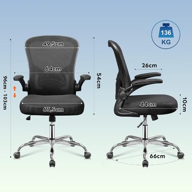 Ергономічне офісне крісло DEVAISE, стілець для роботи з регульованою поперековою опорою та підлокітниками, що складаються на 90, функція гойдання, комп&39ютерне крісло з регульованою висотою, чорне, для офісного використання, чорний колір, без підголівник