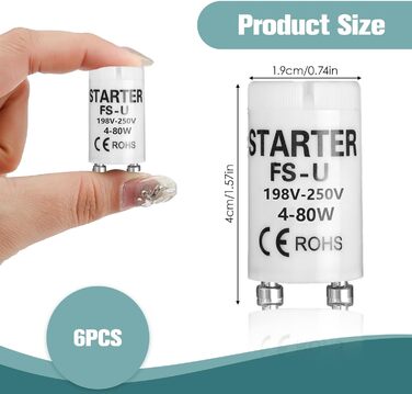 Універсальний стартер Rumgug 6 шт. для люмінесцентних ламп і світлодіодів, FS-U 4-80 Вт, 198-250 В, ефективне запалювання для одного контуру (Набір B)
