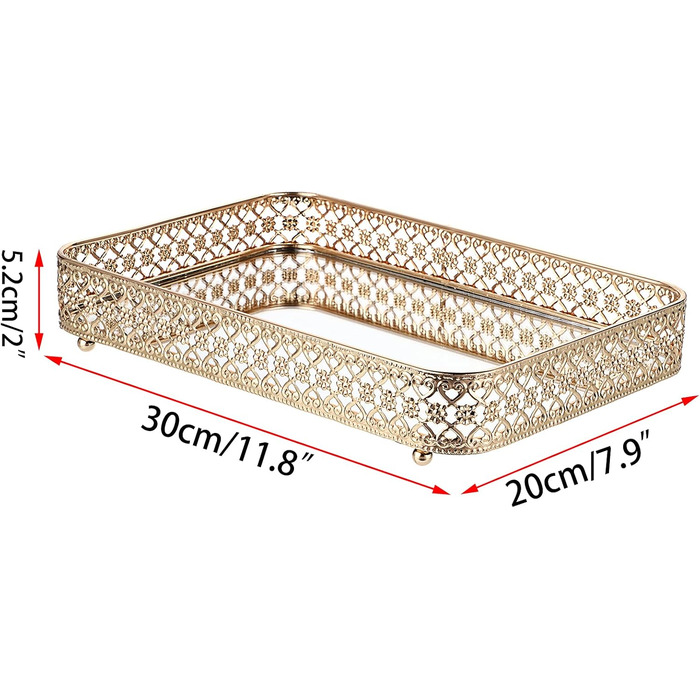 Піднос для парфумів ELLDOO, піднос із дзеркалом, піднос для макіяжу, різьблений піднос для ювелірних виробів, скло, метал, піднос для зберігання ювелірних виробів, органайзер для дому, золотий, середній розмір золото, срібло 30 x 20,1 x 5,1 см