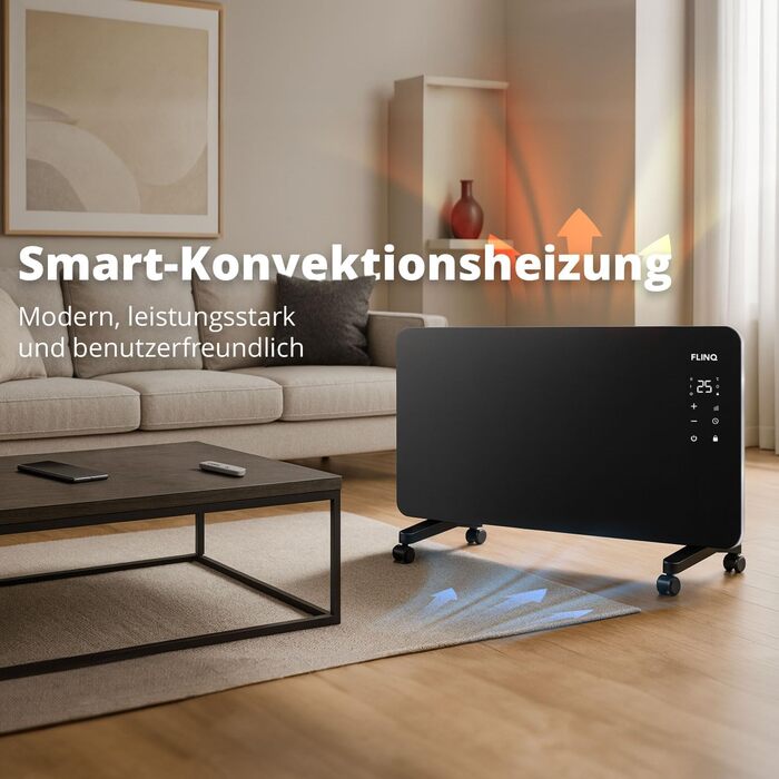 Розумний конвектор FlinQ 2000 Вт - Скляний конвектор, керування за допомогою застосунку - Обігріває до 60 м - Портативний електричний обігрівач - 96 x 46 x 13 см - Чорний