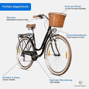 Жіночий велосипед 28 дюймів, підходить для зросту від 150 см, кошик з ротанга, ліхтарик для велосипеда, жіночий міський велосипед, жіночий велосипед у ретро-дизайні, 6-швидкісні коробки передач Tourney, перемикач швидкостей, 28 дюймів чорного кольору, 26