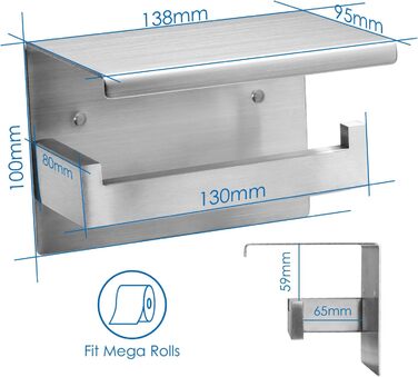 Тримач для туалетних рулонів Auxmir без свердління, самоклеючий тримач для туалетних рулонів, тримач для туалетних рулонів з нержавіючої сталі з полицею, тримач для туалетного паперу настінний для ванної кімнати на кухні, сріблястий з полицею