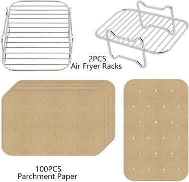 Решітка для гриля для фритюрниці з нержавіючої сталі з папером для випічки 100 шт., сумісна з Ninja Foodi AF300EU AF400EU, набір стійок для зневоднення Dual Zone Air Fryer, аркуші 2xGrill решітка 100 шт. папір для випічки, 2 шт., 304