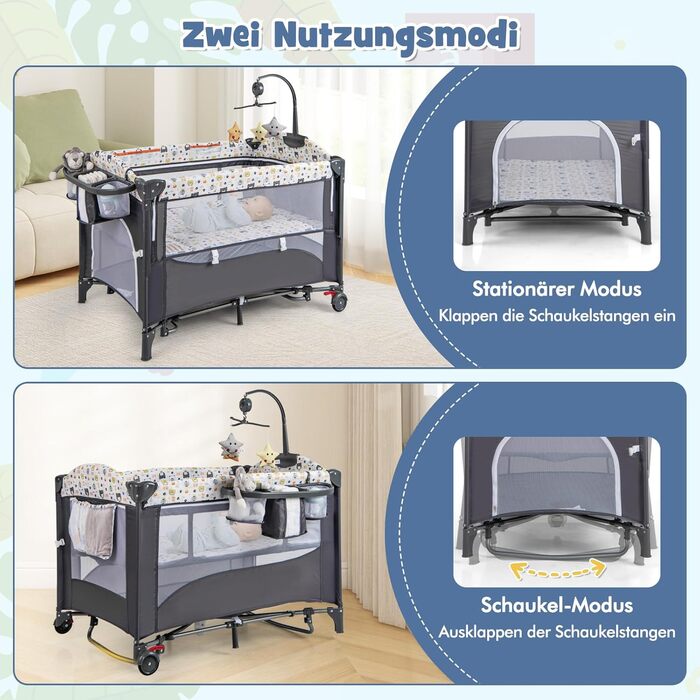 Дитяче ліжечко COSTWAY 5-в-1, дорожнє ліжечко з матрацом, регульована по висоті тумбочка з пеленальний столик, ремені безпеки, музичний мобіль та підвісні іграшки, колиска/колиска з колесами для малюків, сірий колір