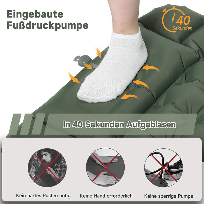 Килимок для сну HAUSPROFI, надлегкий надувний матрац для кемпінгу з ножним насосом та подушкою, надувний матрац, компактний та легкий, килимок для кемпінгу для походів, пляжу, використання на свіжому повітрі, армійський зелений
