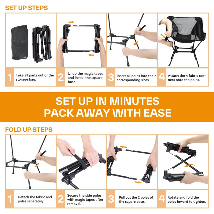 Складаний кемпінговий стілець Sportneer, портативний кемпінговий стілець, вантажопідйомність 150 кг, надлегкий, маленький складний стілець із сумкою для пікніків, активного відпочинку на свіжому повітрі, походів, 1 чорний