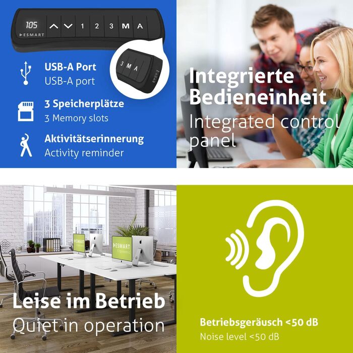 Чорний - Ергономічна рама для столу з функцією сидячи/стоячи, безступінчасте електричне регулювання висоти 71-121 см, 3 слоти пам&39яті, порт заряджання USB, нагадування про активність, плавний старт/зупинка, 121B