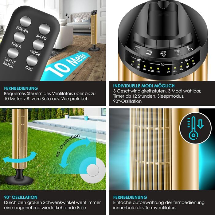 Баштовий вентилятор з пультом дистанційного керування Кут коливання 90 3 швидкості 90 см функція таймера турбо-функція колонний ве
