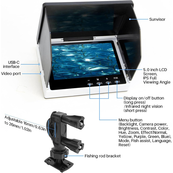 Підводна камера для риболовлі, ехолот, водонепроникний портативний ехолот IP67 з 5-дюймовим IPS-дисплеєм, ширококутний ехолот нічного бачення з інфрачервоним охопленням 200 із сонцезахисною зоною для льоду, річки та човна