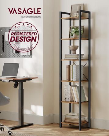 Полиця, книжкова шафа, полиця для DVD, з 6 полицями, офісна полиця, відкриті полиці, для офісу, вітальні, спальні, кухні, 30 x 40 x 186 см, вінтажний коричневий-чорнильний чорний LLS101B01 6 полиць (40Ш x 186В см) вінтажний коричневий чорнильний чорний