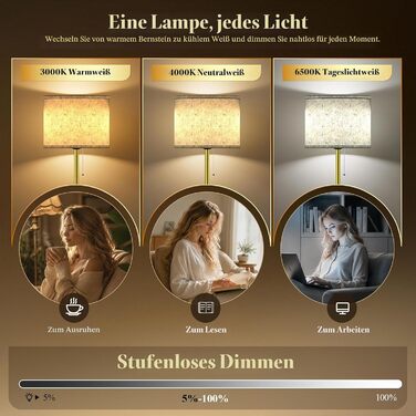 Торшер для вітальні 12Вт LED з дистанційним керуванням, RGB E27 лампою та шнуровим вимикачем підлогова лампа для читання з 3 режимами кольорової температури для спальні та офісу, чорно-золотий