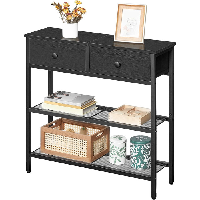 Вузький консольний столик HOOBRO, стіл для передпокою 75 см з шухлядою та 2-ярусними полицями, бічний столик, невеликий вітринний столик, столик-диван, для передпокою, для передпокою, чорний EBB72XG01