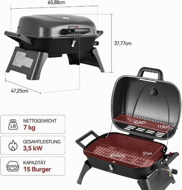 Газовий гриль Royal Gourmet 3,5 кВт портативний настільний гриль з ручками та складаними ніжками для кемпінгу, саду та балкона