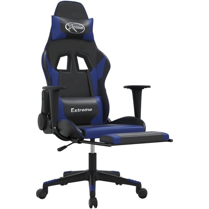 Геймерське крісло, офісне крісло, з підставкою для ніг, чорно-синє, штучна шкіра