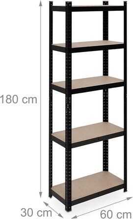 Надміцний стелаж Relaxdays, 5 ярусів, сталь, вставний, чорний Стелажі для зберігання в підвалі, гаражі, ВxШxГ 180x60x30 см, 500 кг