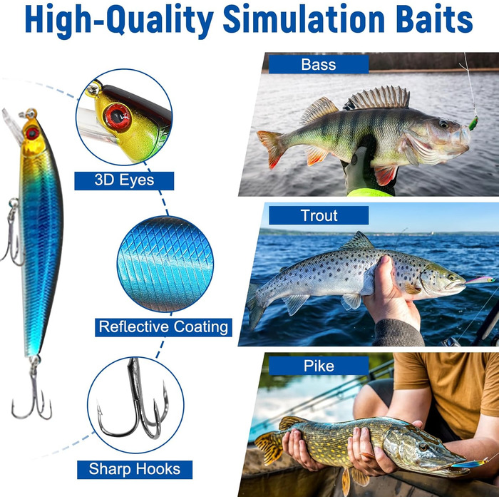Набір рибальських приманок Yiomxhi з 137 предметів, включаючи коробку для снастей, рибальські аксесуари, включаючи м&39які пластикові приманки, воблери, плаваючі приманки, блешні, гачки, вантажі, рибальські приманки для щуки, форелі, судака, окуня чудовий