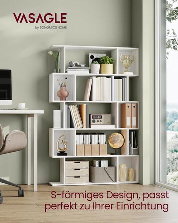 Рівнева книжкова полиця, окремостояча полиця, 24 x 90 x 159 см, полиця для зберігання з відкритими відділеннями, для вітальні, спальні, кабінету, матово-білий LBC416W01, 5-