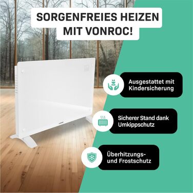 Енергозберігаючий електричний обігрівач VONROC 2000 Вт - Конвекторний обігрівач для приміщень площею до 24 кв. м - Портативний електричний обігрівач Керування за допомогою додатку/сенсорне керування - Радіатор 2-в-1 для настінного/підлогового монтажу - Бі