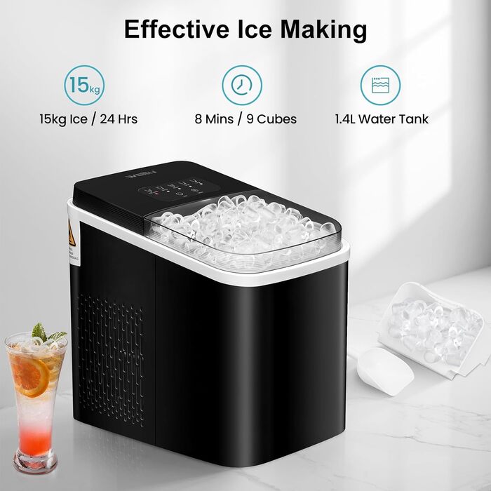 Машина для виробництва кубиків льоду WOLTU, 15 кг/24 години, 9 кубиків льоду за 7 хвилин, резервуар для води 1,4 л, 2 розміри кубиків льоду, світлодіодний екран, функція самоочищення, льодогенератор з прозорою кришкою, чорний 1,4 л чорний