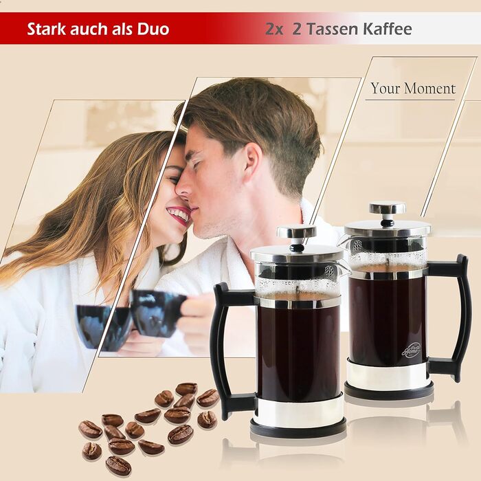 Кавоварка френч-прес 0,35 л на 2 чашки (також 0,6 л), скляний прес для кави, чайник і кавоварка маленька, в т.ч. кавова ложка з нержавіючої сталі та подарункова коробка, хром, 43