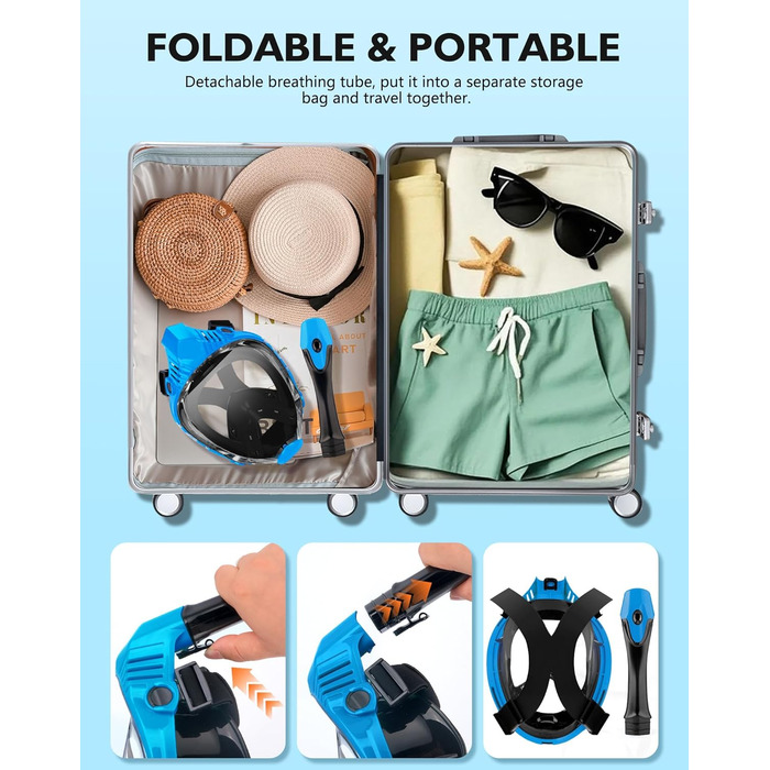 Маска для підводного плавання VGKE для дорослих, панорамний вид HD на 180 градусів, маска для дайвінгу з водонепроникною кишенею для телефону, захист від протікання та запотівання, вільно дихає, підходить для чоловіків/жінок, синя, розмір L-XL