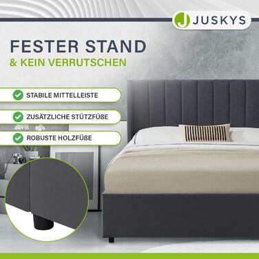 Ліжко Juskys Savona з м&39якою поверхнею 120x200 см, ліжко з місцем для зберігання, рейкова основа, оксамитовий чохол, дерев&39яний каркас ліжка, до 250 кг, велике узголів&39я, темно-сірий колір 120 x 200 см