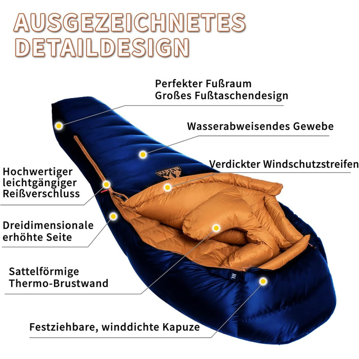 Зимовий пуховий спальний мішок, для температур від 0 до -24C. Ультралегкий матусин спальний мішок, для дорослих та підлітків для кемпінгу, піших прогулянок та походів. Синій -7C