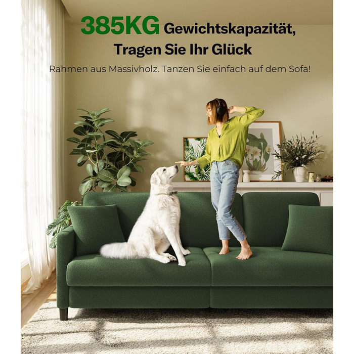 Місний диван 211 см, Зручні 3-місні дивани, Диван-канапа з флісу Тедді, Дивани для вітальні, що збираються без інструментів, 3-місний диван з масиву дерева, Невеликий диван з 2 подушками в комплекті, Зелений 211 см, 3-